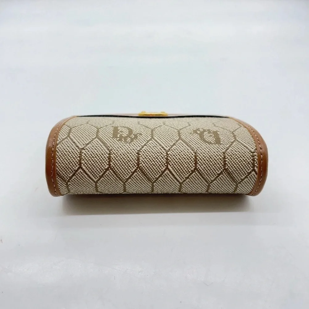 Auth Christian Dior Honeycomb PVC x Leather Beige Clasp Coin Case W/Box